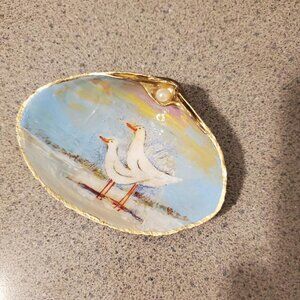 Decoupage Ducks Shell Hand Paint Gold Leaf Trim Trinket Jewelry Dish-CUTE